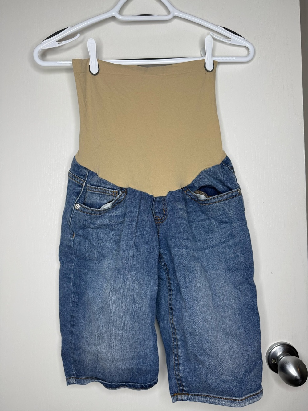 Indigo Blue Maternity Denim Shorts with Beige Support Panel Small